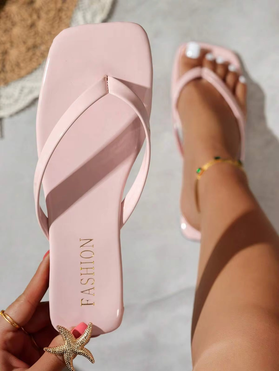 Women's Square Toe Flip Flops, Comfortable Summer Sandals, Shiny Fashion Flat Slippers For Home, Party, Beach, Pink